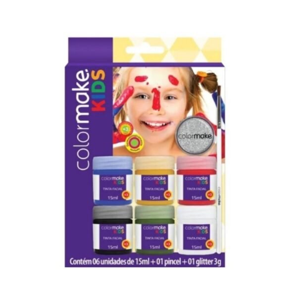 Kit tinta facial líquida infantil 6 cores + pincel e glitter prata Colormake