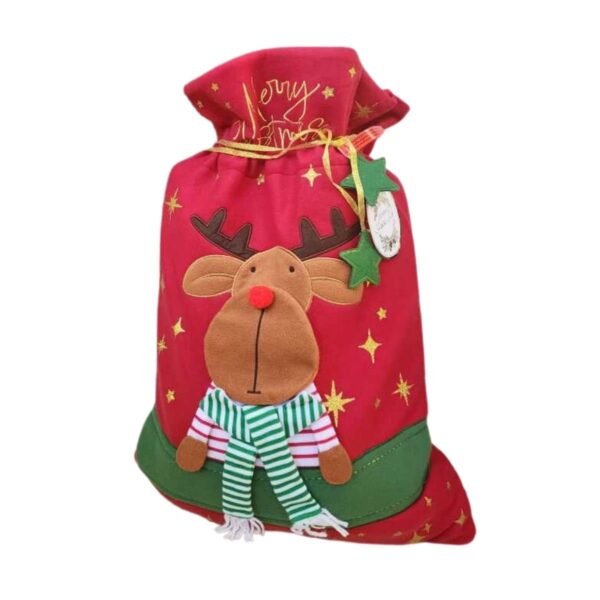 Saco do Papai Noel com aplicacão de rena e bordado dourado 68 X 45 cm