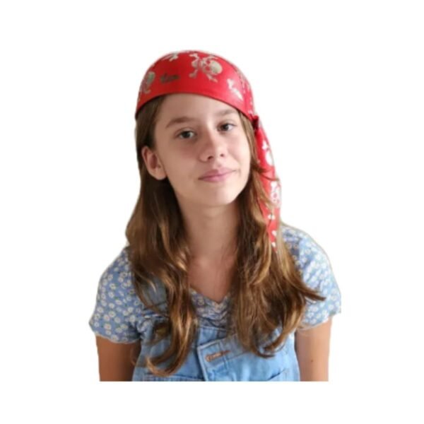 Chapéu Casco Bandana de Pirata com Nó Vermelho com Caveirinhas Prata