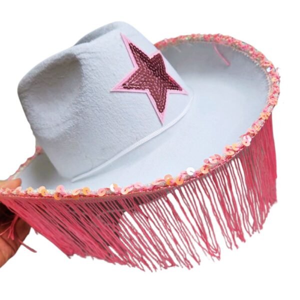 Chapéu Cowgirl branco e rosa com estrela em paetê e franja